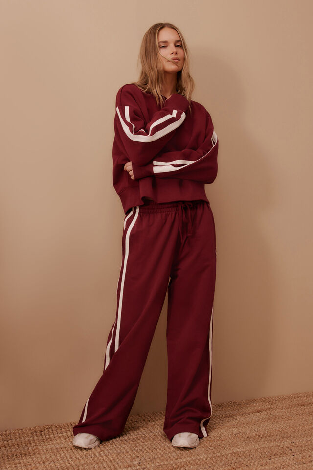 Sasha Sporty Slouchy Crew, BURGUNDY SIDE STRIPE