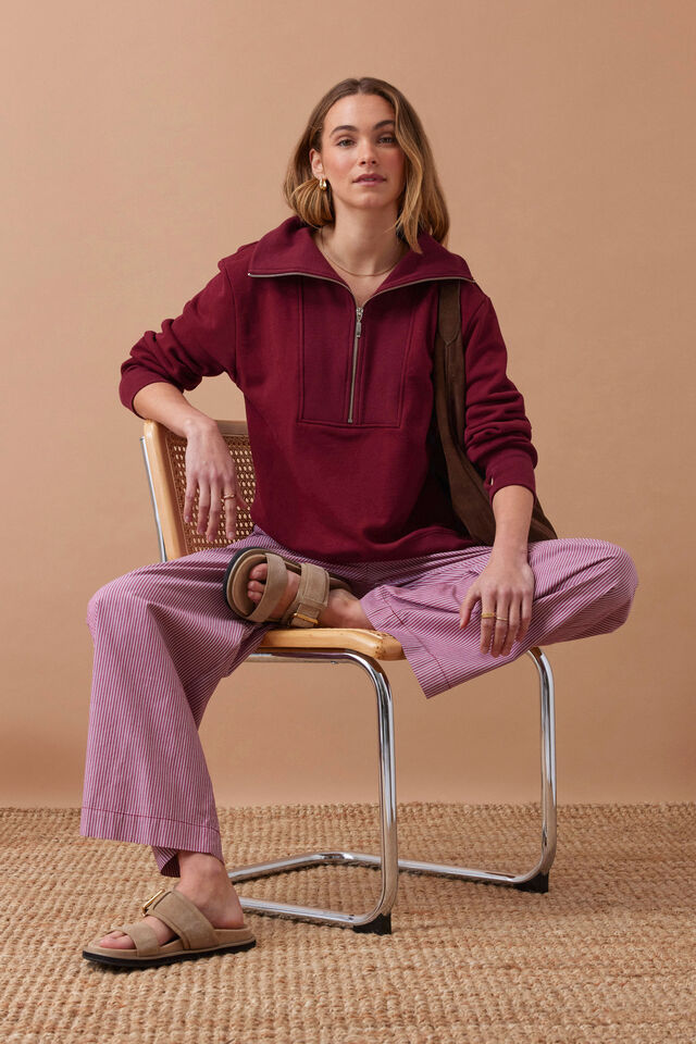 Isabella Half Zip Sweat, BURGUNDY