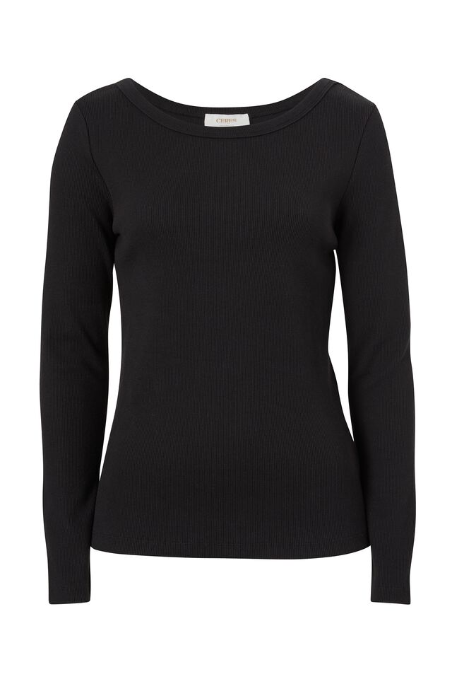 Organic Contour Rib Wide Scoop L/S Top, BLACK
