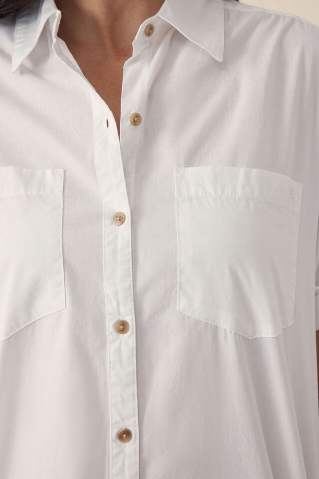 Rolled Cuff Mini Shirt Dress, WHITE