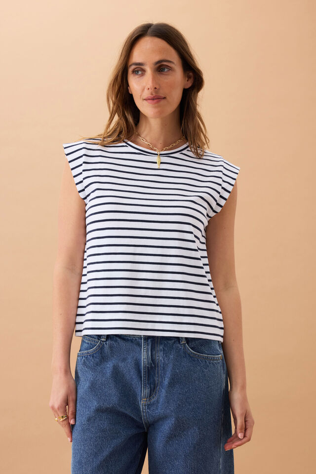 Extended Shoulder Tee, WHITE/FRENCH NAVY STRIPE