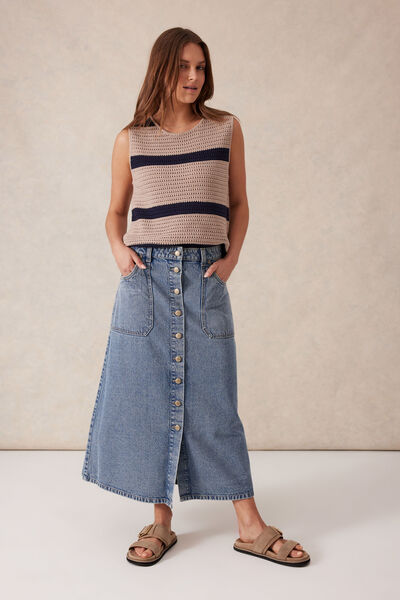 Button Through Denim Midi Skirt, MID VINTAGE BLUE