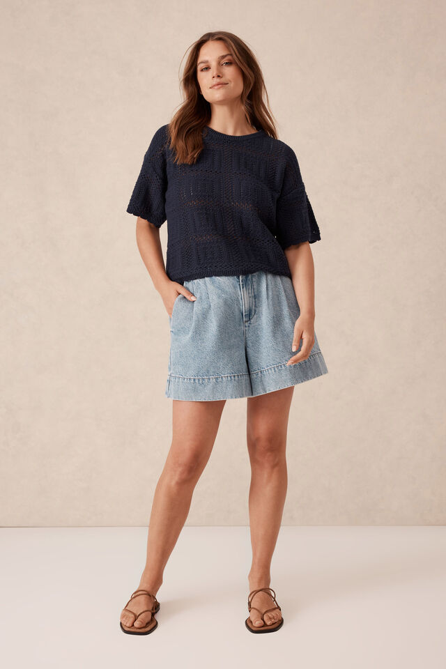 Square Knit Boxy Tee, NEW NAVY