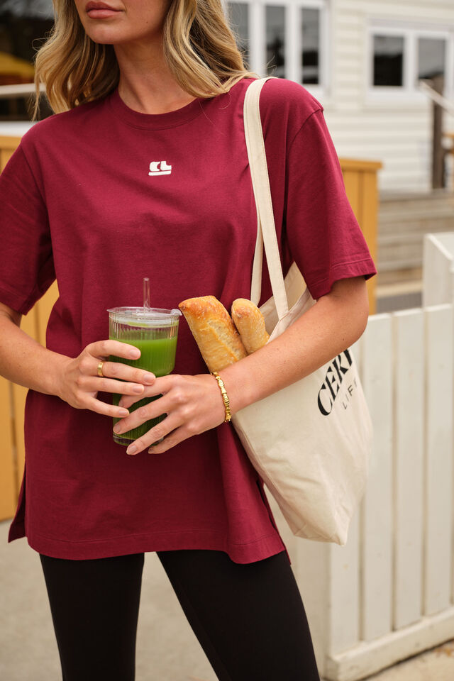 Lola Longline Step Hem Tee, BURGUNDY/MILK CL LOGO EMBROIDERY