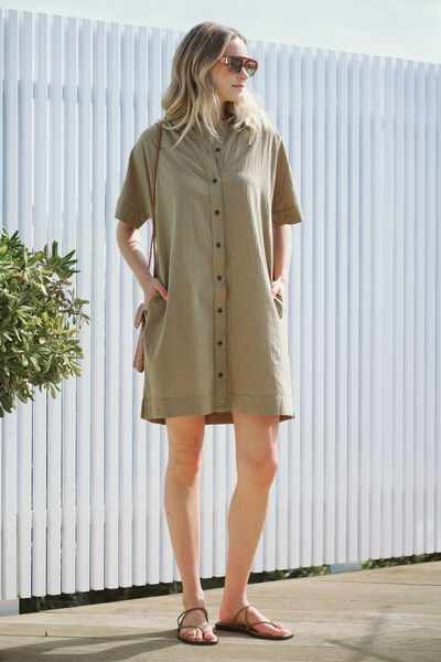 Mini Shirt Dress, FIG GREEN TEXTURED COTTON