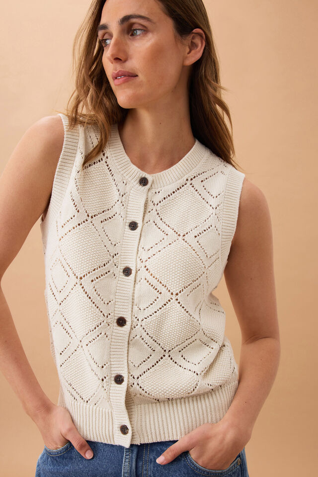Dahlia Diamond Knit Vest, ECRU