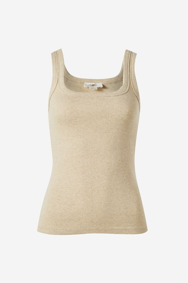 Contour Rib Square Neck Tank, OATMEAL MARLE