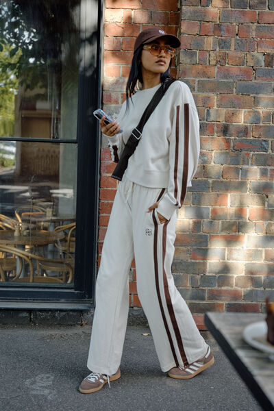 Gigi Wide Leg Terry Trackpant, BUFF CHOCOLATE SIDE STRIPE