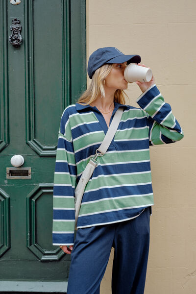 Shelby Slouchy Rugby Top, PISTACHIO/HERITAGE NAVY STRIPE