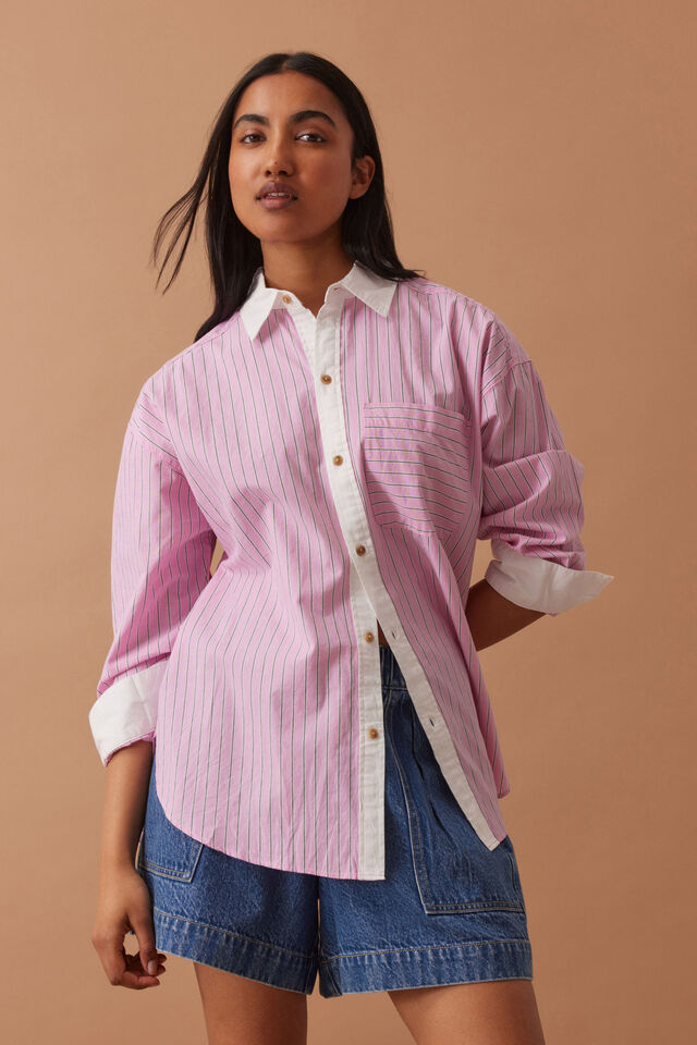 Peta Oversized Shirt, HIBISCUS PINK TRIPLE STRIPE WHITE COLLAR