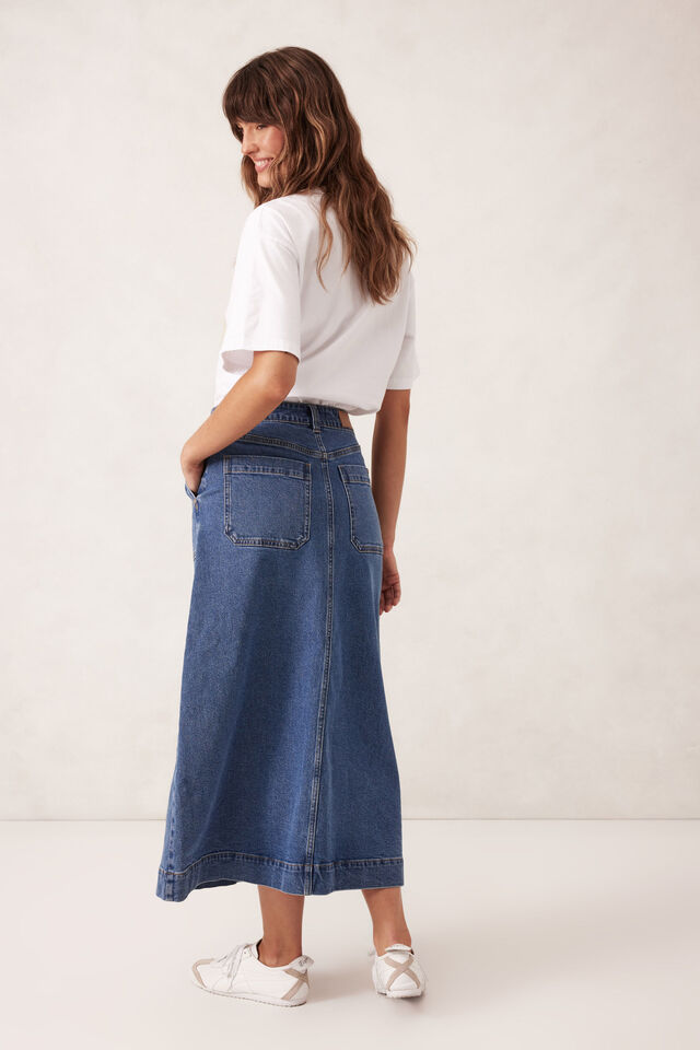 Patch Pocket Denim Midi Skirt, FRESH INDIGO