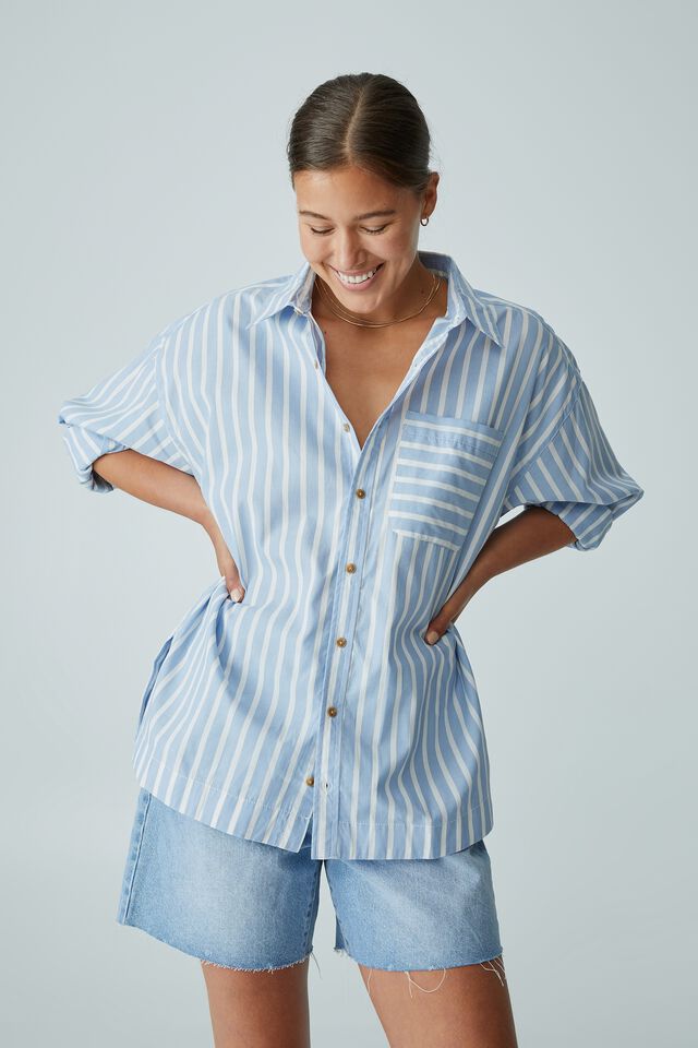 Poplin Stripe Shirt In Organic Cotton, SHADOW BLUE / WARM WHITE STRIPE