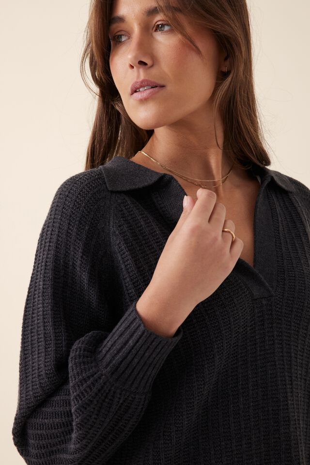 Soft Knit Collared Jumper In Recycled Blend, CHARCOAL MARLE