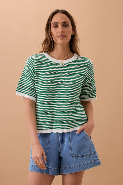 Nina Boxy Knit Tee, KELLY GREEN STRIPE