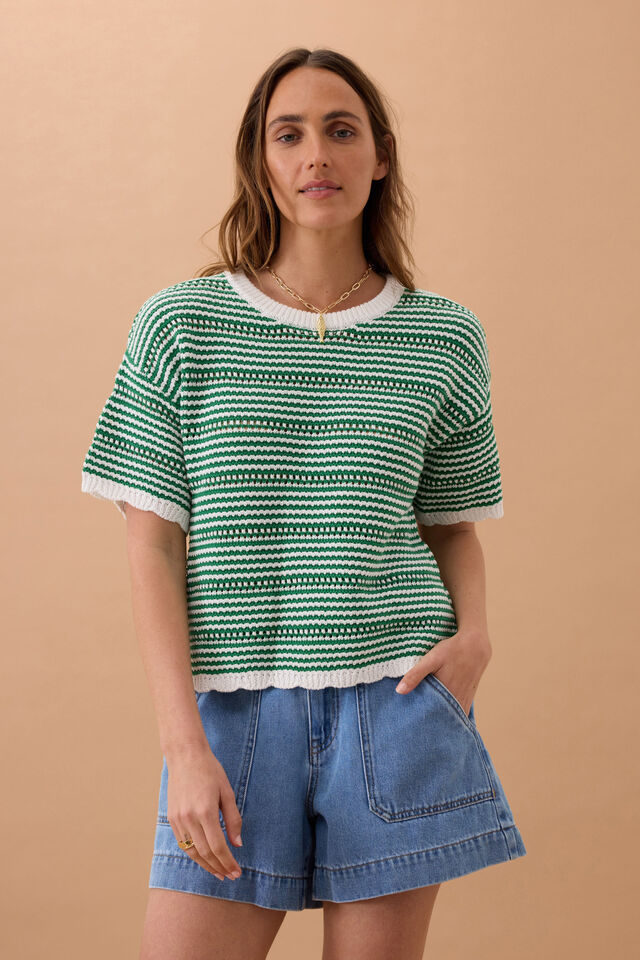 Nina Boxy Knit Tee, KELLY GREEN STRIPE