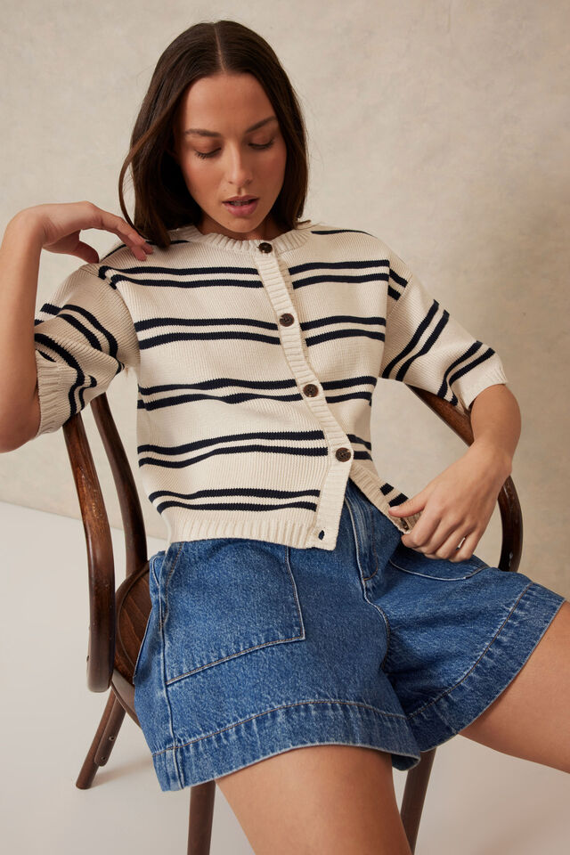 Boxy Short Sleeve Knit Cardi, ECRU/NAVY STRIPE