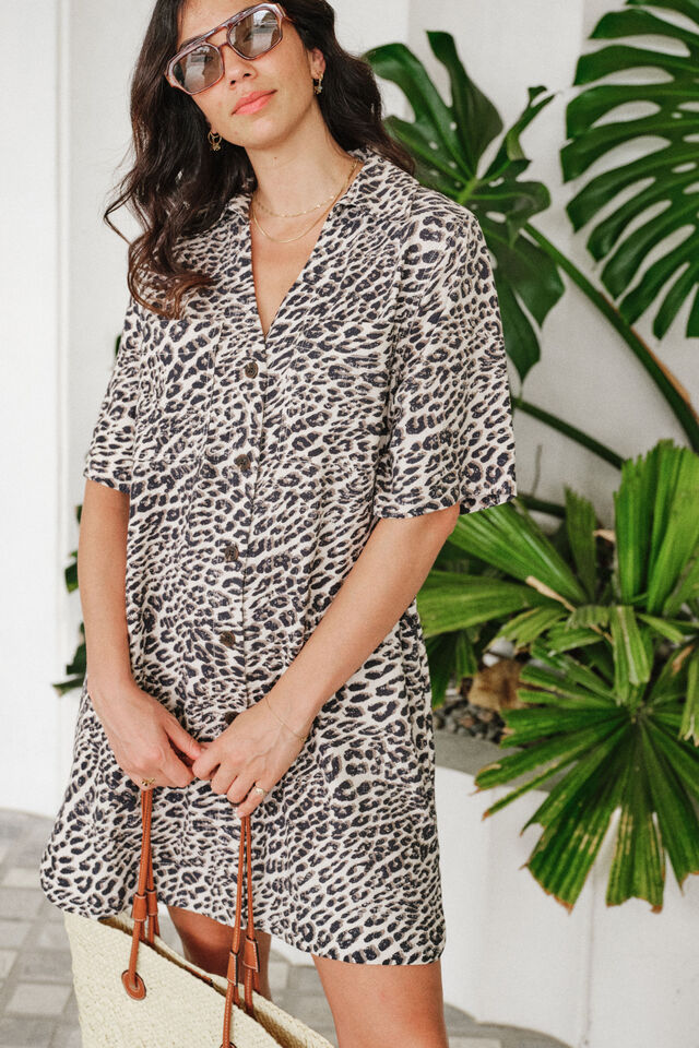 Boxy Shirt Dress, LEOPARD LINEN BLEND