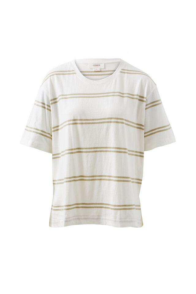 Stevie Slouchy Split Hem Tee, VANILLA/MATCHA DOUBLE STRIPE