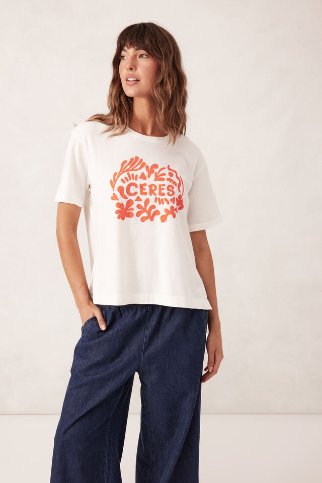Stevie Slouchy Split Hem Tee, VANILLA/ RED PAPERCUT LOGO