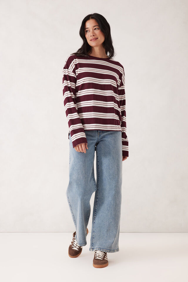 Slouchy Long Sleeve  Tee, RAISIN VANILLA STRIPE