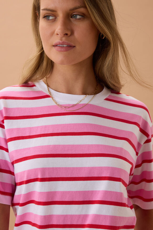 Stevie Slouchy Tee, HIBISCUS/HERITAGE RED STRIPE