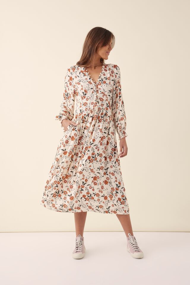 V Neck Waist Detail Dress In Lenzing™ Viscose, TRAILING FLORAL