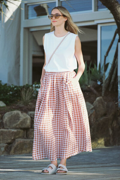 Gingham Maxi Skirt, BURNT CARAMEL WHITE GINGHAM
