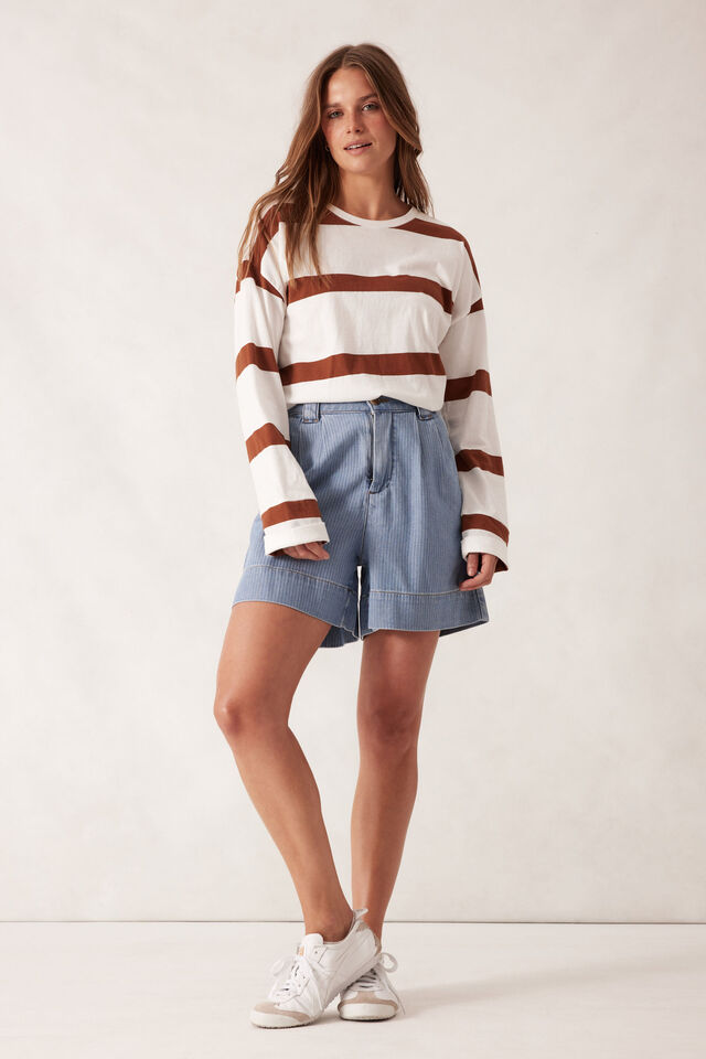 Slouchy Long Sleeve  Tee, VANILLA/TOBACCO BOLD STRIPE