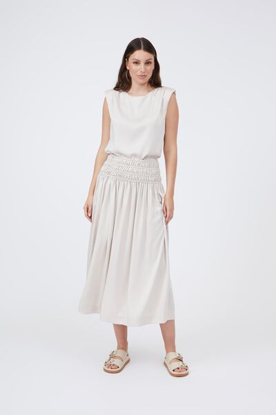 Satin Shirred Midi Skirt With Recycled Fibres, CHAMPAGNE