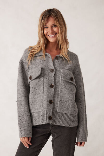 Knit Bomber Cardi, MID GREY NEP