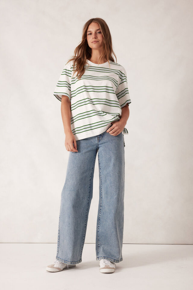 Stevie Slouchy Tee, VANILLA/GREEN RETRO STRIPE