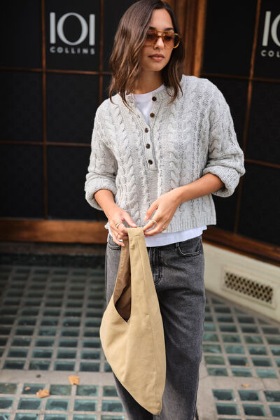 Enid Cable Knit Henley, SILVER MARLE