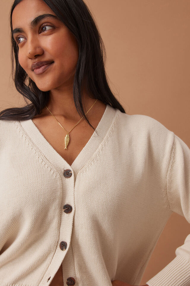 Sadie Long Sleeve V Knit Cardi, ECRU