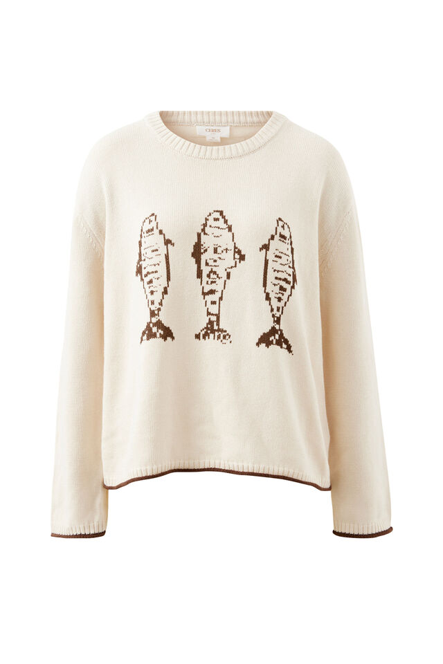 Mira Knitted Crew, ECRU CHOCOLATE SARDINE