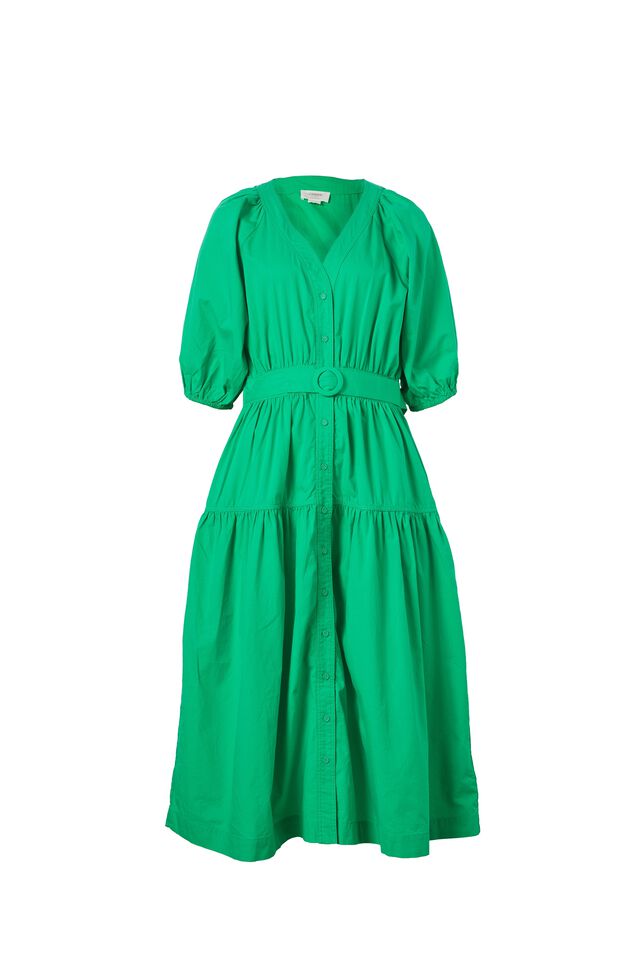 Belted Balloon Sleeve Dress In Organic Cotton, SPEARMINT