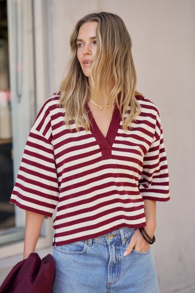 Arlie Short Sleeve Rugby, BURGUNDY/MILK STRIPE