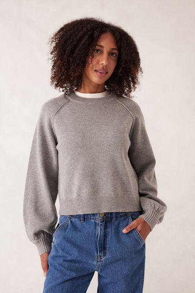 Soft Knit Raglan Crew, GREY MARLE