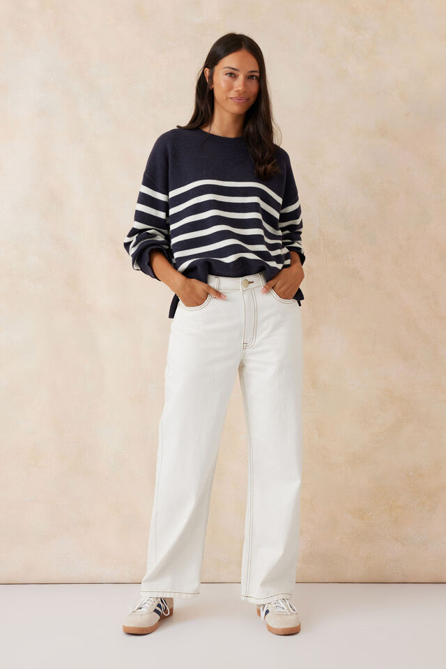 Boxy Knit With Embroidery, NEW NAVY/WINTER WHITE STRIPE