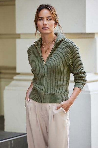 Zip Collared Rib Cardigan In Organic Cotton, SOFT KHAKI