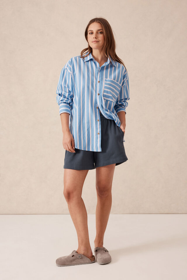 Peta Oversized Shirt, BLUE WHITE RED STRIPE ORGANIC COTTON