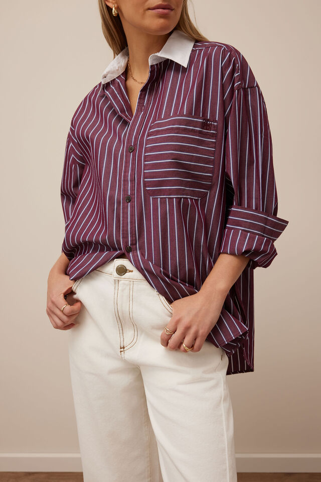 Peta Oversized Shirt, BURGUNDY WASHED NAVY STRIPE WHITE COLLAR