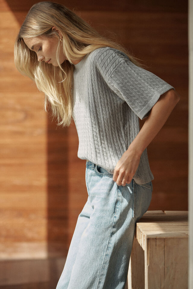 Short Sleeve Soft Cable Knit, GREY MARLE