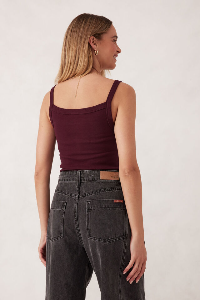 Square Neck Rib Singlet, RAISIN