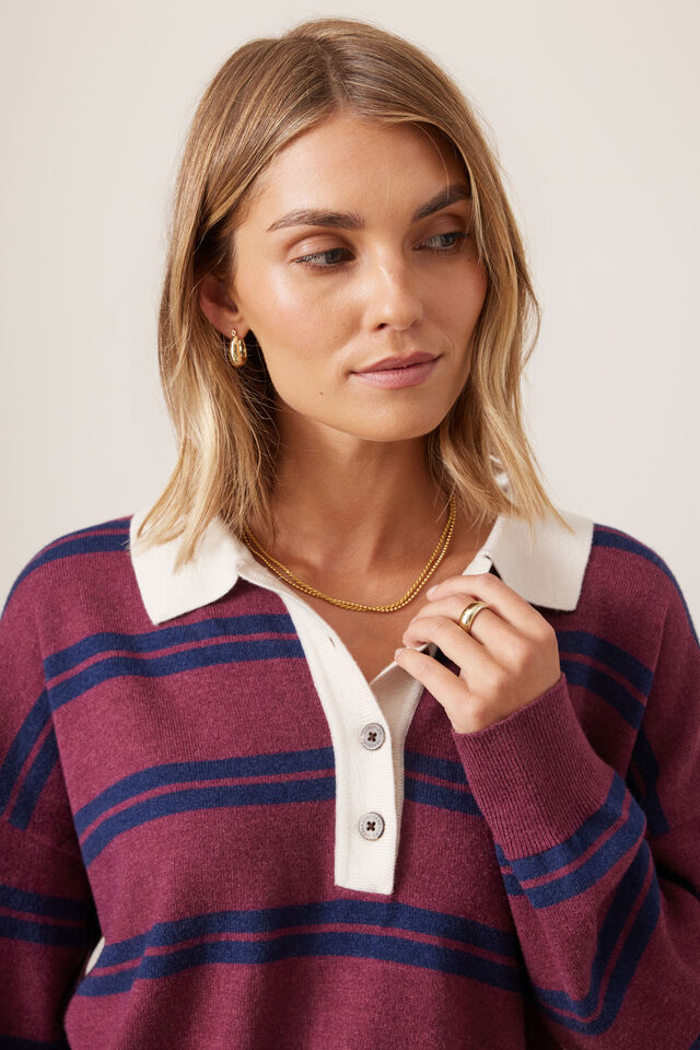 Jessa Rugby Knit, WASHED BURGUNDY STRIPE
