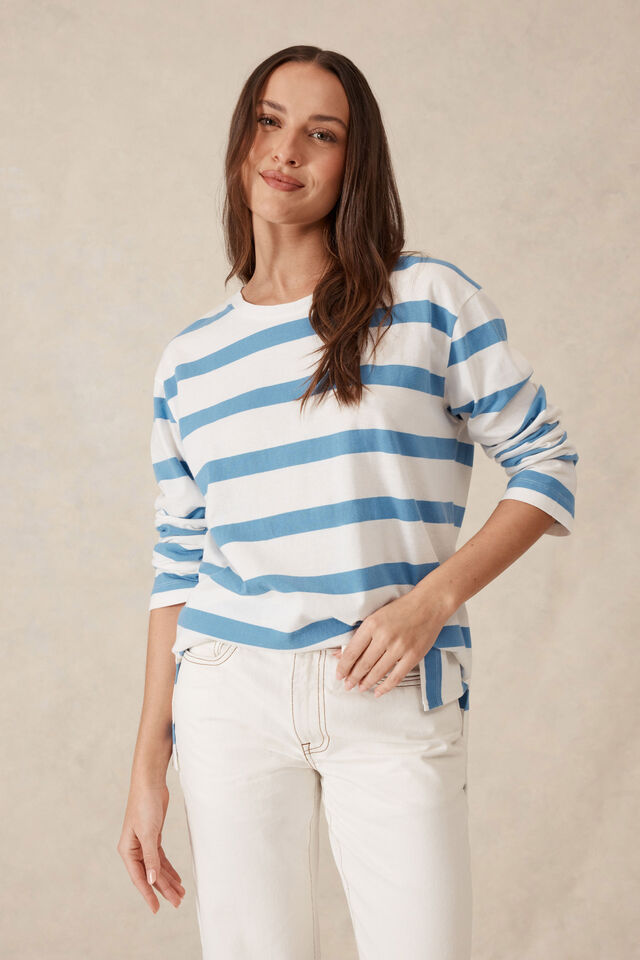 Longline Step Hem L/S Tee, VANILLA/POOL BLUE BOLD STRIPE