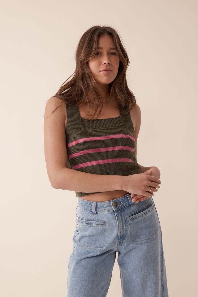 Knitted Cami Jf, MILITARY GREEN STRIPE