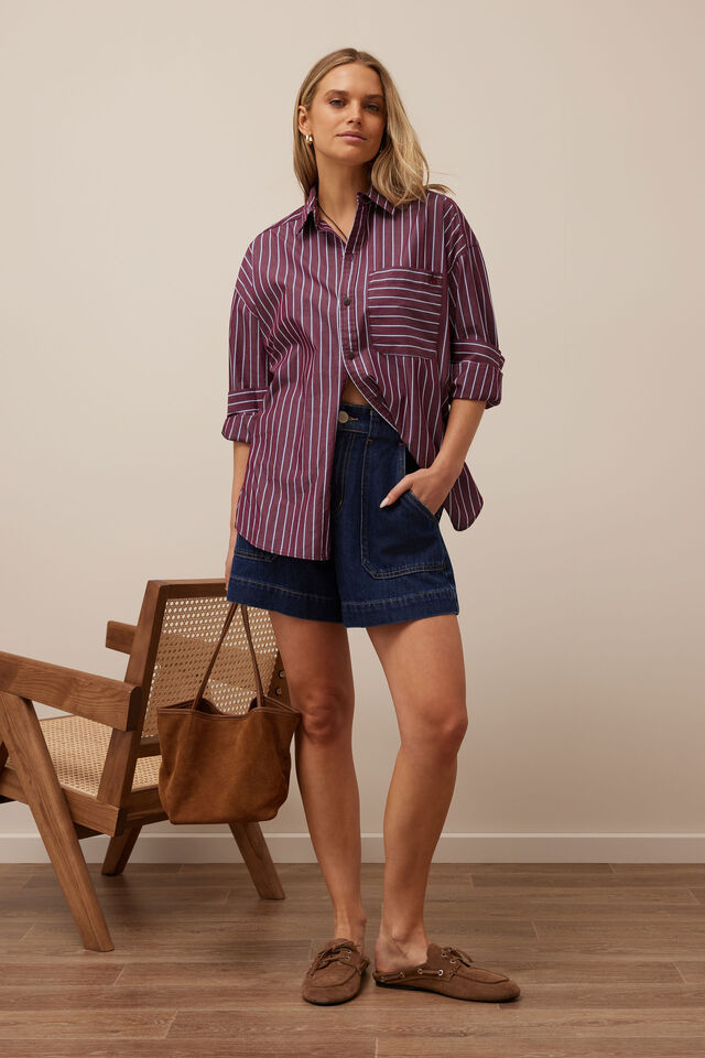 Peta Oversized Shirt, BURGUNDY WASHED NAVY STRIPE