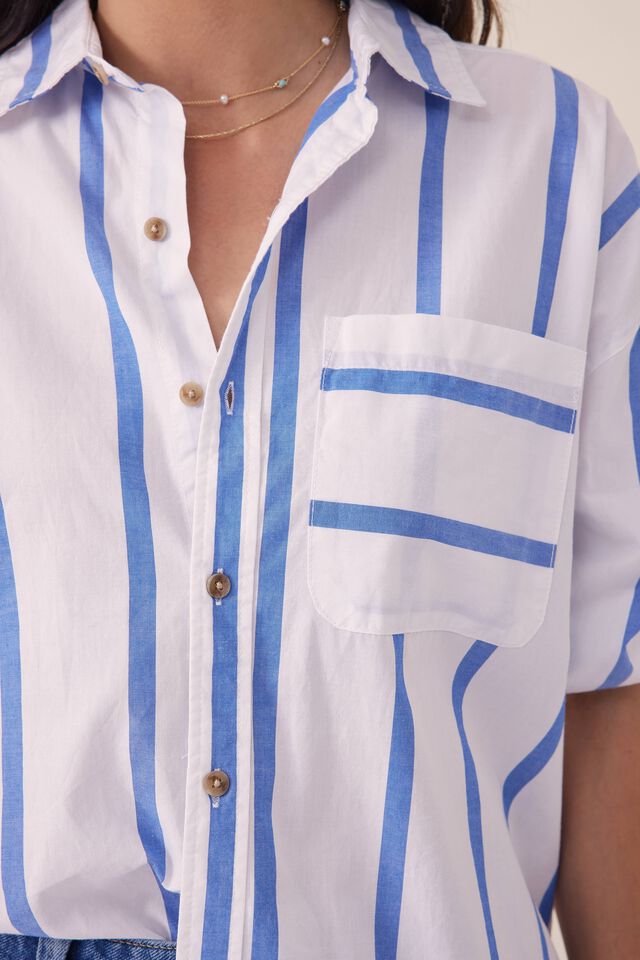Oversized Poplin Shirt, WHITE SANTORINI BLUE STRIPE ORGANIC COTTON