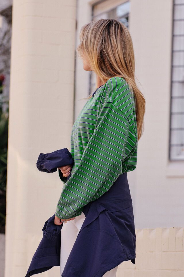 Beau Long Sleeve Slouchy Tee, BASIL/PRUSSIAN BLUE STRIPE