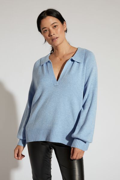 Soft Knit Collared Sweater In Recycled Blend, BLUE SHADOW MARLE